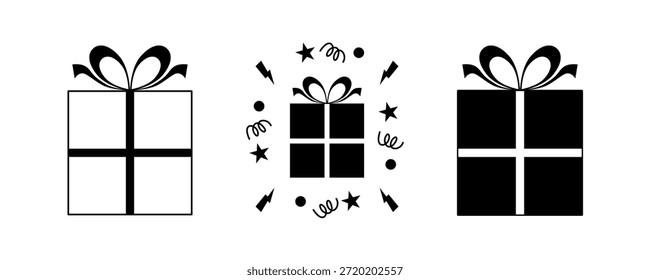 Conjunto de iconos de caja de regalo, aislado sobre fondo blanco, colección de cajas presentes con cinta en estilo minimalista limpio, ideal para celebración, comercio electrónico, recompensas y uso de diseño digital.
