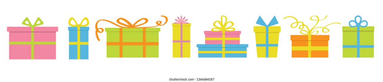 Gift box icon set line. Cute cartoon decoration element. Happy Birthday Christmas greeting card template. Flat design. White background. Isolated. Vector illustration