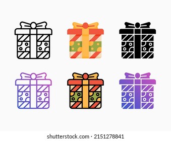 Gift Box icon set with line, outline, flat, filled, glyph, color, gradient. Editable stroke and pixel perfect. Can be used for digital product, presentation, print design and more.