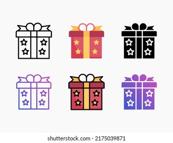 Gift Box icon set with line, outline, flat, filled, glyph, color, gradient. Editable stroke and pixel perfect. Can be used for digital product, presentation, print design and more.