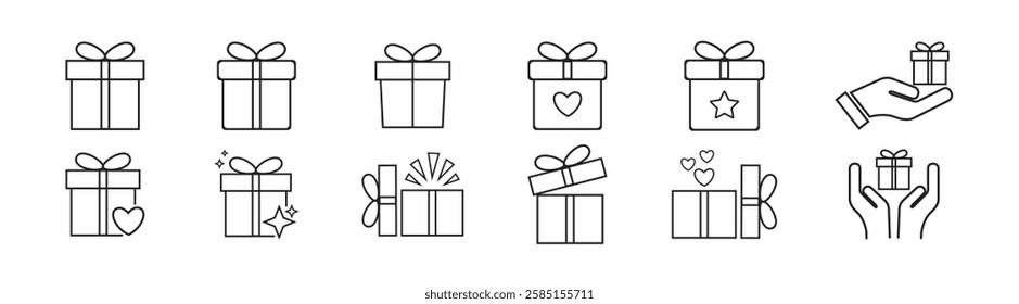 Gift box icon set in line style. Present gift box tied, open, and sparkle for christmas, birthday, valentine, wedding event, party, celebration, and achievement success, vector illustration.