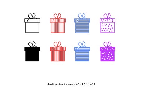 Gift box icon set. Linear, silhouette and flat style. Vector icons