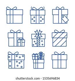 Gift box icon set. Outline thin line illustration. Isolated on white background.