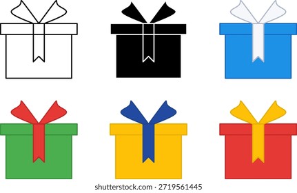 Gift box icon set with outline, solid silhouette, and blue, green, yellow, and red color styles. Present box vector illustration for UI, app, web, promotion, reward, sale, and holiday design.