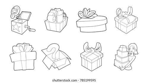 Gift box icon set. Outline set of gift box vector icons for web design isolated on white background