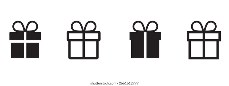 Caja de regalo y caja icono conjunto. Icono de caja. Paquete, cajas de entrega, distribución de carga y cumpleaños, boda, sorpresa, premio, colección, saludo, celebrar, festivo y icono de regalo. Ilustración vectorial. 