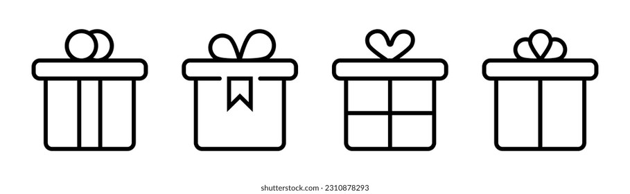 Gift box icon set. Present box in outline. Gift package in line. Present symbol with heart shape. Valentines day gift. Stock vector illustration.