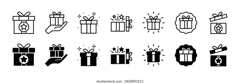 Gift box icon set. Present gift box tied, open, and sparkle for christmas, birthday, valentine, wedding event, party, celebration, and achievement success. Vector illustration