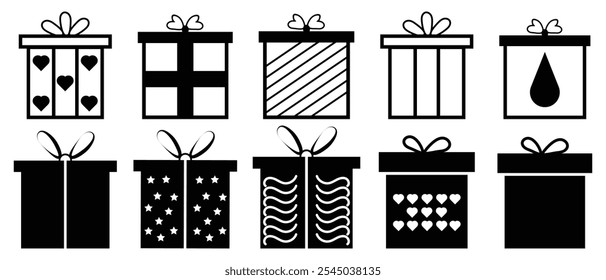 Conjunto de ícones de caixa de presente. Apresentar ícones de caixa de presente para Natal ou aniversário. Caixa em estilo de linha surpresa apresentar projeto linear isolado no fundo branco. Ilustração vetorial. EPS 10