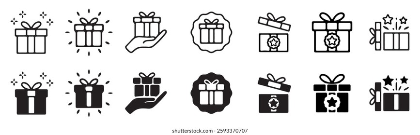 Gift box icon set. Present gift box tied, open, and sparkle for christmas, birthday, valentine, wedding event, party, celebration, and achievement success. Vector illustration