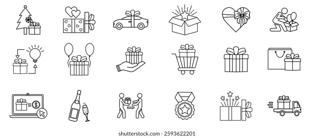 Gift box icon set. Present gift box tied, open, and sparkle for christmas, birthday, valentine, wedding event, party, celebration, and achievement success. editable