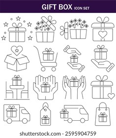 Gift box icon set. Present gift box tied, open, birthday, valentine, wedding event, party, celebration, and achievement success. Vector illustration. Editable Stroke.EPS 10