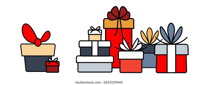 Gift box icon set. Present giftbox outline, simple bonus gift box or holiday package vector illustration, birthday surprise pictogram
