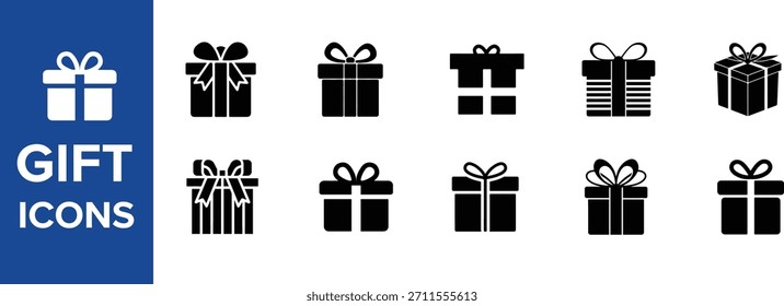 Conjunto de iconos de caja de regalo. Presente la caja de regalo atada, abierta y brillante para la Navidad, el cumpleaños, San Valentín, el evento de la boda, la fiesta, la celebración y el éxito del logro. Ilustración vectorial