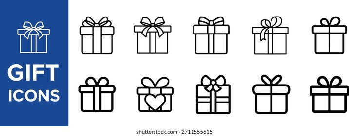 Gift box icon set. Present gift box tied, open, and sparkle for christmas, birthday, valentine, wedding event, party, celebration, and achievement success. Vector illustration
