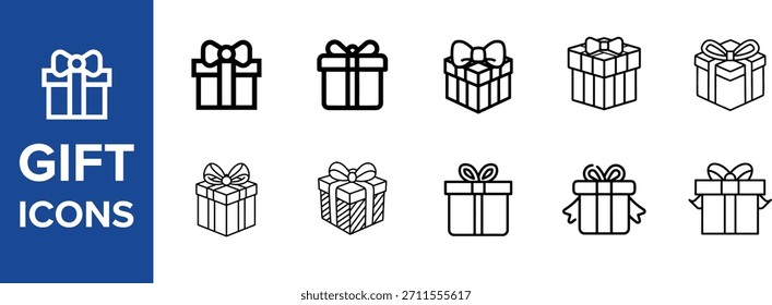 Symbolsatz für Geschenkbox. Geschenkbox gebunden, offen und funkeln für Weihnachten, Geburtstag, Valentinstag, Hochzeit, Party, Feier und Erfolg. Vektorgrafik