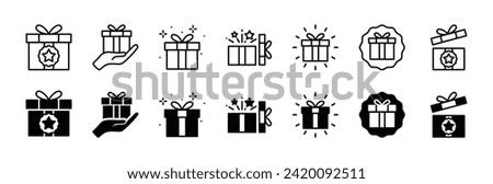 Gift box icon set. Present gift box tied, open, and sparkle for christmas, birthday, valentine, wedding event, party, celebration, and achievement success. Vector illustration