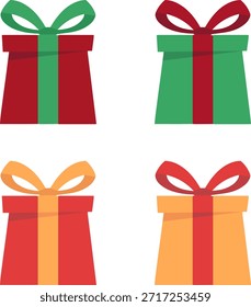 Conjunto de iconos de caja de regalo con cintas, Vector plano, sorpresa de vacaciones y celebración