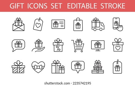 Gift box icon set. Seasonal sale,  Online shopping. Web interface elements collection, Special offer, Discount, advertising. Thin line pictogram sign isolated. Mobile apps. E-commerce promotion