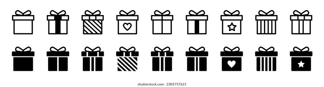 Juego de iconos de la caja de regalo. Señales de caja de regalo Estilo de línea y silueta. Ilustración del vector