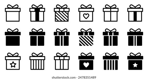 Gift box icon set. Gift box signs Line and silhouette style.