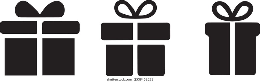 Gift box icon set.  Simple present silhouettes for celebration themes.  Vector pack, perfect for cards and e-commerce.  Add a touch of joy with these graphic elements