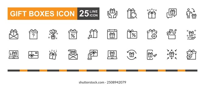 Gift box icon set. Suprise, give, coupon and more line icon.