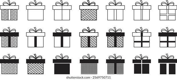 Gift box icon set. Surprising gift box, Gift wrapping simple black style symbol sign for apps and website, Gift box for birthday, valentine, wedding event, party, celebration, and achievement success.