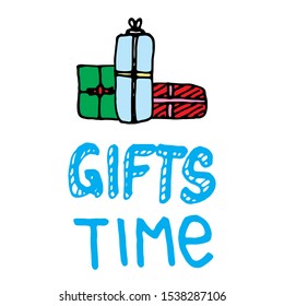 Gift box icon set with text. Gifts time for birthday, Christmas, New Year, holiday. Hand drawn icon. Inscription for prints, postcards, posters, socials, banners, stickers and seasonal design.