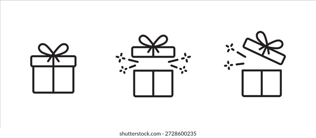 Gift box icon set in thin line design. Surprise box icons. Close and opened present gift box with sparkle icons. Vector symbol for christmas, birthday, valentine, achievement, party, success.