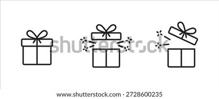 Gift box icon set in thin line design. Surprise box icons. Close and opened present gift box with sparkle icons. Vector symbol for christmas, birthday, valentine, achievement, party, success.