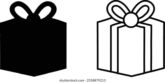 Gift box icon silhouette vector on a white background. Vector isolated elements. Christmas gift icon illustration vector symbol. Surprise present linear design. Stock vector.