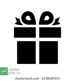 Ícone de caixa de presente. Estilo sólido simples. Apresentar caixa com fita, festa, conceito de celebração de aniversário. Ilustração de vetor de glifo isolada no plano de fundo branco. EPS 10.