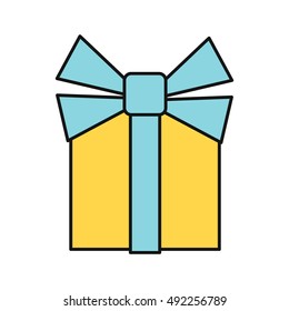 Gift box icon. Single yellow gift box with blue ribbon. Business design element. Design element, sign, symbol, icon in flat. Isolated object on white background. Vector illustration.