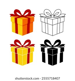 Gift Box Icon Style with Realistic Style, Line Art Style, Flat Design and Silhouette Style Symbol Vector Template 