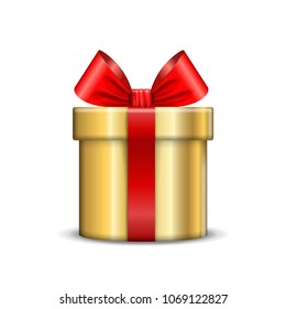 Gift box icon. Surprise present gold template, red ribbon bow, isolated white background. 3D design decoration for Christmas, New Year, birthday celebration, Valentine Day Vector illustration