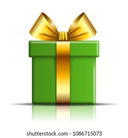 Gift box icon. Surprise present template, gold ribbon bow, isolated white background. 3D design decoration for Christmas, New Year, birthday celebration, Valentine Day Vector illustration