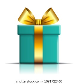 Gift box icon. Surprise present template, gold ribbon bow, isolated white background. 3D design decoration for Christmas, New Year holiday, birthday celebration, Valentine Day Vector illustration