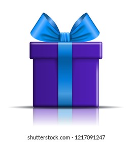 Gift box icon. Surprise present template, blue ribbon bow, isolated white background. 3D design decoration for Christmas, New Year holiday, birthday celebration, Valentine Day Vector illustration