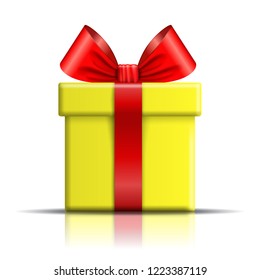 Gift box icon. Surprise present template, red ribbon bow, isolated white background. 3D design decoration for Christmas, New Year, birthday celebration, Valentine Day Vector illustration