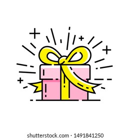 Gift box icon. Valentines day present symbol. Romantic pink parcel with ribbon bow sign. Vector illustration line icon.