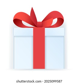 Gift box icon. White box tied with a red ribbon. Web vector illustration in 3D style