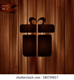 Gift box icon. Wooden texture.