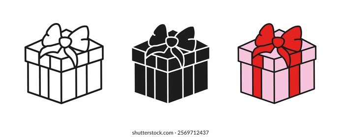 Gift box icon. Wrapped gift box with red ribbon bow vector illustration. Birthday present package symbol. Valentine romantic present wrapping package sign. Christmas gift surprise box pictogram.