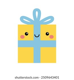 Gift box icon. Yellow paper, blue ribbon bow. Merry Christmas. Happy Valentines Day. Cute cartoon colorful decoration element. Childish style. Flat design. Isolated. White background. Vector