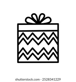 Gift Box Icon with Zig-zag Pattern, Hand Drawn Christmas Gift Minimalist Vector, Cute Ribbon Tied Gift Icon, Line Art Style Gift Box Illustration