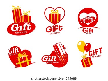 Gift box icons, birthday party surprise and Christmas present with bows, ribbons, hearts and air balloons. Vector festive package symbols, gift shop emblems, happy holiday cards, prize and award signs