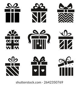 Gift box icons with decorative ribbons, bows, and graphic patterns in a linear style, suitable for celebration, greeting card design, holiday elements, and templates