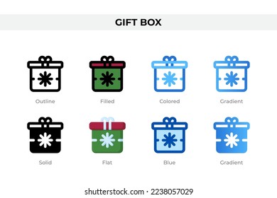 Iconos de la caja de regalo con un estilo diferente. Juego de iconos de la caja de regalo. Símbolo de vacaciones. Conjunto de iconos de estilo diferente. Ilustración del vector