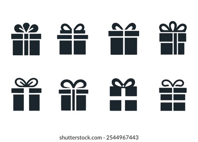 Iconos de la caja de regalo, estilo plano. Conjunto de silueta de línea plana de caja de regalo. Vector